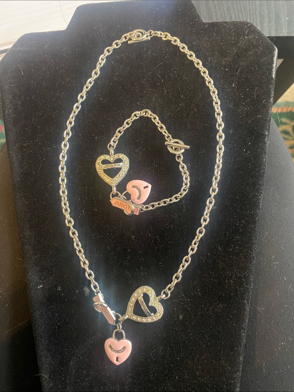 Juicy Couture Silver Tone Heart Charm Necklace & Matching Bracelet